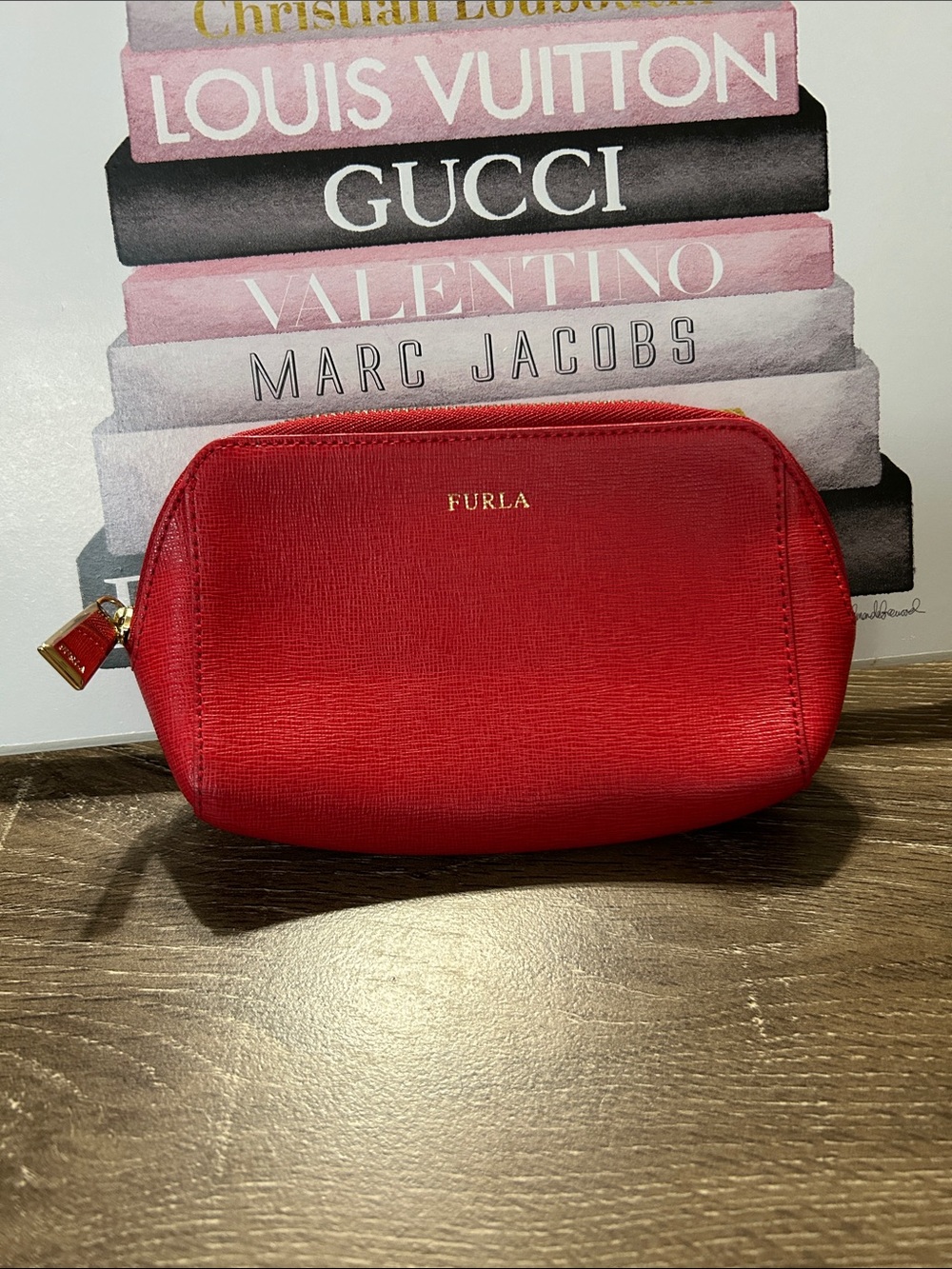 Furla Red Saffiano Leather Cosmetic Case with Gold Hardware